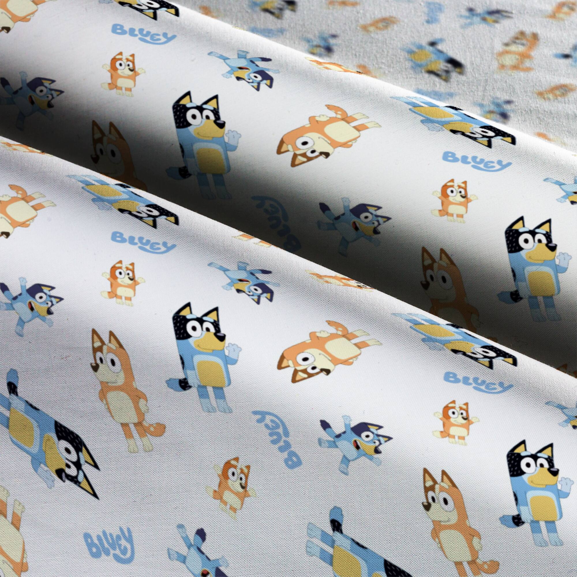 Bluey Toss on White Cotton Fabric